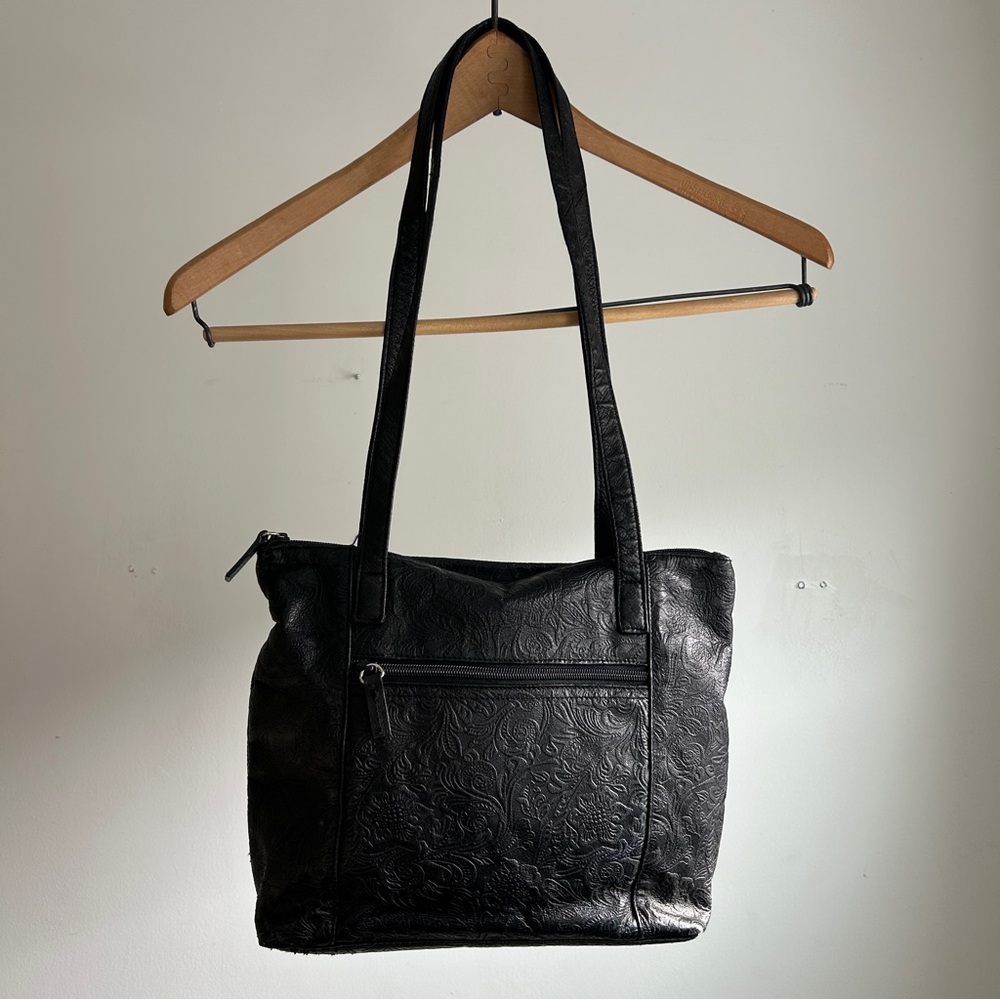 Vintage black leather floral print bag